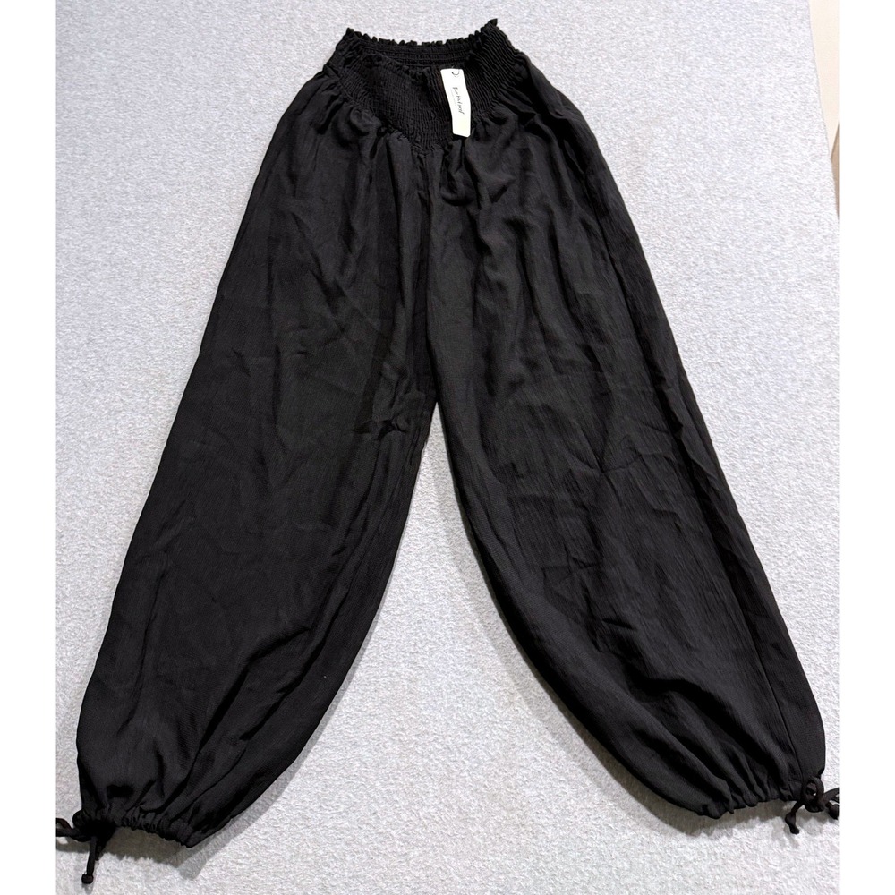Three Bird Nest Black Harem Boho Pants Smocked Waist Tie Ankle Small NWT